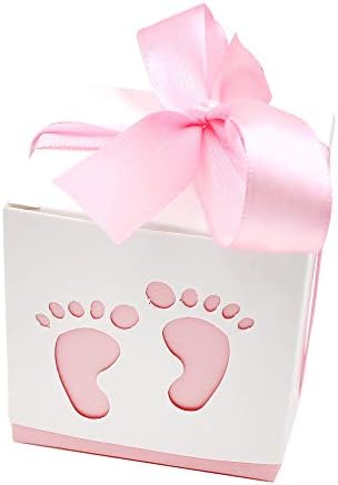 50 Pcs Pink Baby Footprints Candy Boxes with Ribbon