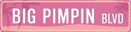 Big Pimpin Blvd Funny Rustic Pink Wall Metal Sign 4x16 In