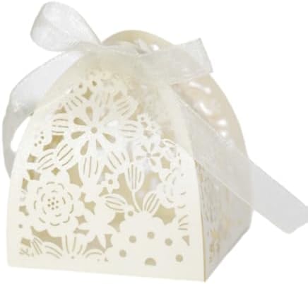 50 Pack Wedding Favor Boxes with Ribbons Beige