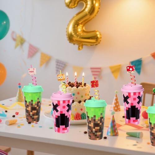 Lidmada Pixel Cups with Silly Straws 16 Oz Reusable Bulk