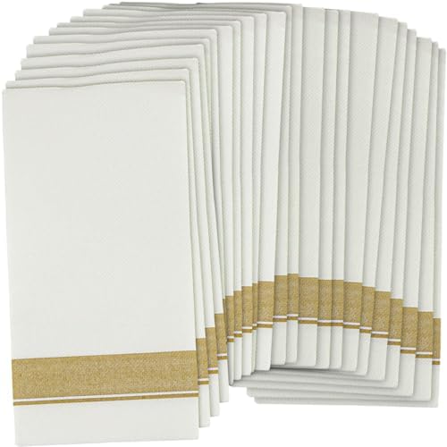 Rectangle Cloth-Like White Napkins with Gold Border 50 Pack 1