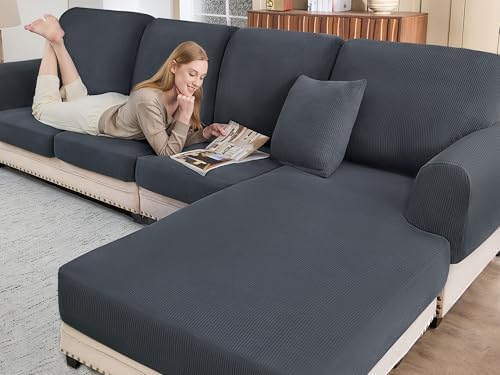 3-Piece Stretch Sofa Slipcover for L Shaped Couch Dark Grey
