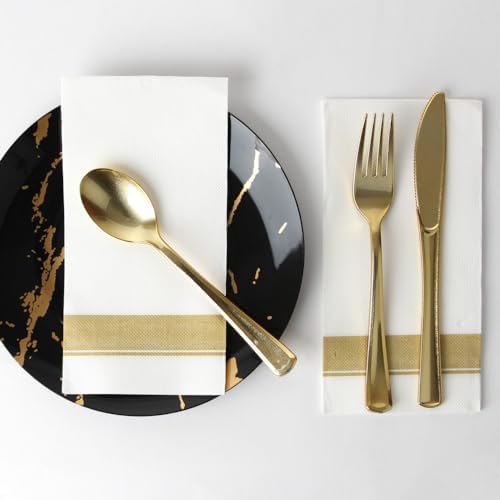 Rectangle Cloth-Like White Napkins with Gold Border 50 Pack 1