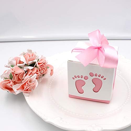 50 Pcs Pink Baby Footprints Candy Boxes with Ribbon