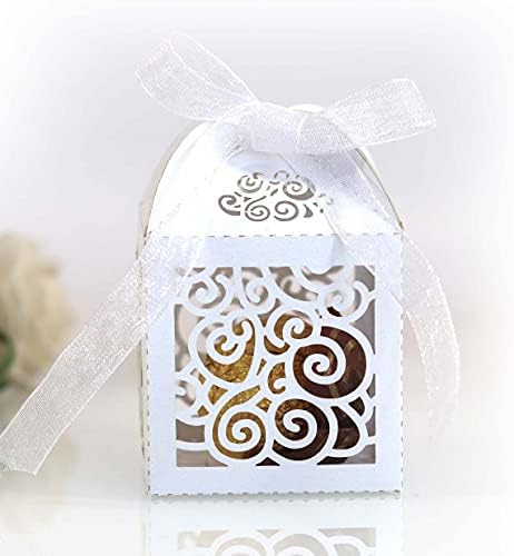 50 Pack Beige Laser Cut Candy Boxes with Ribbons