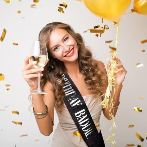 Birthday Baddie Sash 2pcs Black with Gold Silver Foil