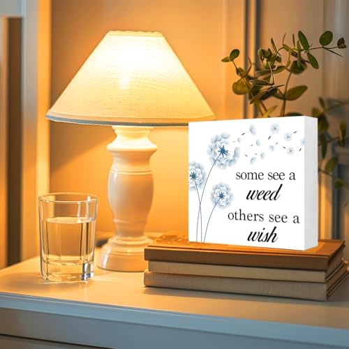 White and Blue Dandelion Quote Wooden Desk Sign