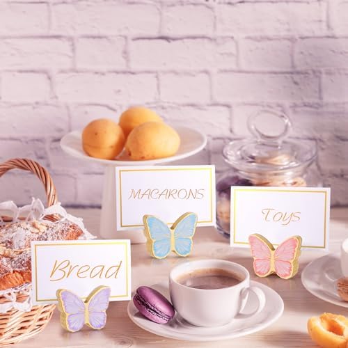Kigley 18 Pcs Butterfly Wooden Place Card Holder with 25 Gold Foil Cards