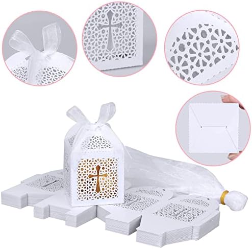 KPOSIYA 70 Pack Laser Cut Cross Candy Boxes with Ribbons