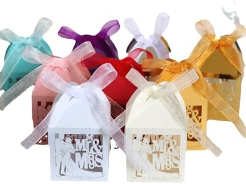 50 Pack Laser Cut Mr Mrs Square Favor Boxes for Wedding