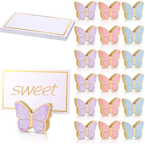 Kigley 18 Pcs Butterfly Wooden Place Card Holder with 25 Gold Foil Cards
