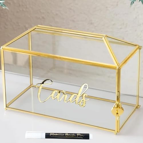 126 Inch Wedding Card Box with Lock - Gold Metal and Glass