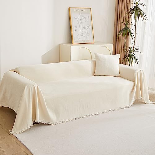 Boho Style Beige Sofa Cover with White Tassels