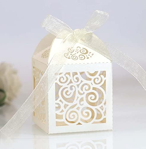 50 Pack Beige Laser Cut Candy Boxes with Ribbons