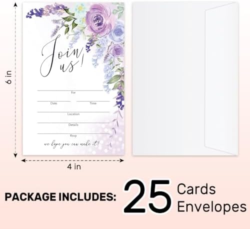 25 Purple Floral Invitation Cards with Envelopes 1