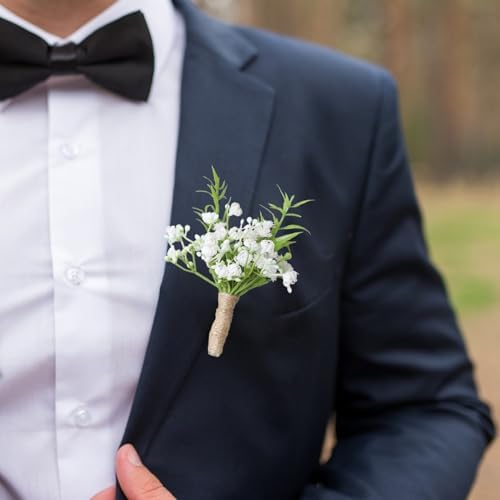 2PCS Artificial Babys Breath Boutonniere with Pin for Wedding Men