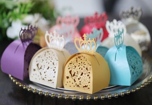 50PCS Laser Cut Flowers Gift Boxes with Crown Beige 1