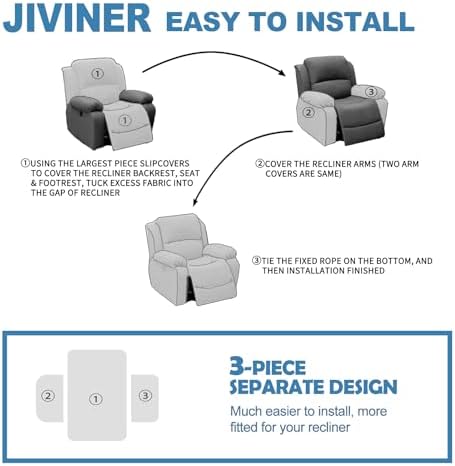 JIVINER 3 Piece Recliner Chair Cover with Pockets and Elastic Bottom