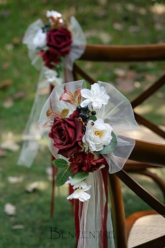 Burgundy Wedding Chair Back Flowers Set of 8