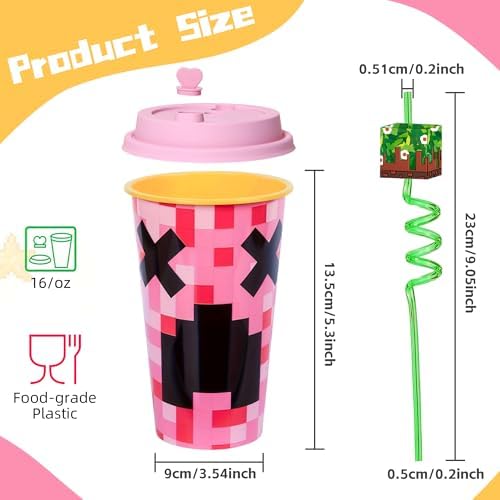 Lidmada Pixel Cups with Silly Straws 16 Oz Reusable Bulk