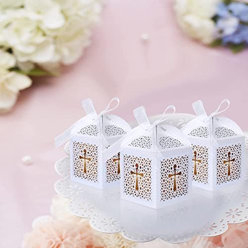 KPOSIYA 70 Pack Laser Cut Cross Candy Boxes with Ribbons