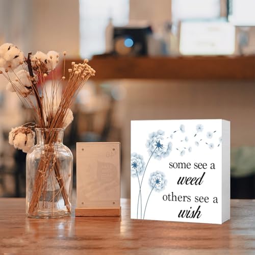 White and Blue Dandelion Quote Wooden Desk Sign