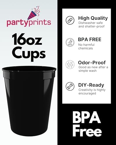 PartyPrints 10 Pack 16 oz Black Reusable Plastic Cups