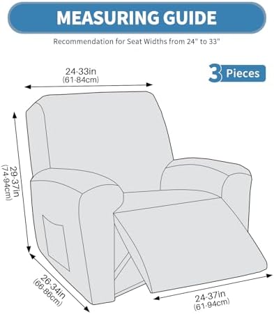 JIVINER 3 Piece Recliner Chair Cover with Pockets and Elastic Bottom