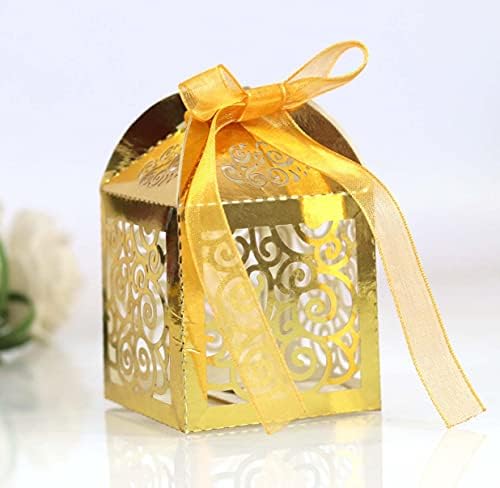 50 Pack Beige Laser Cut Candy Boxes with Ribbons