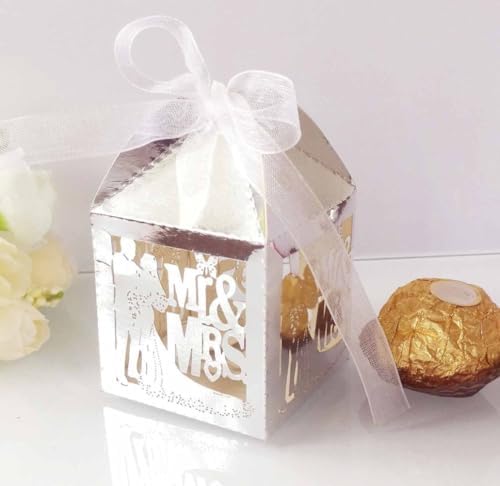50 Pack Laser Cut Mr Mrs Square Favor Boxes for Wedding