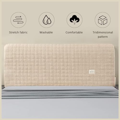 Elastic Bed Headboard Slipcover with Side Pockets Khaki Queen Size