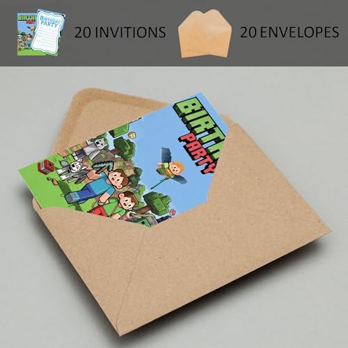 Gaming and Pixel Themed Birthday Invitations 20 Pack