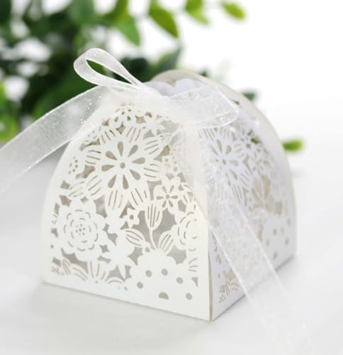 50 Pack Wedding Favor Boxes with Ribbons Beige