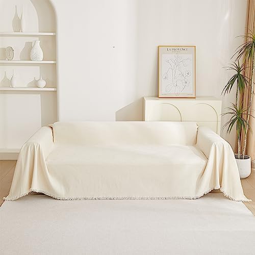 Boho Style Beige Sofa Cover with White Tassels