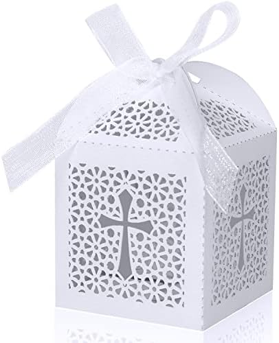 KPOSIYA 70 Pack Laser Cut Cross Candy Boxes with Ribbons