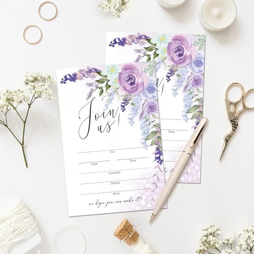 25 Purple Floral Invitation Cards with Envelopes 1