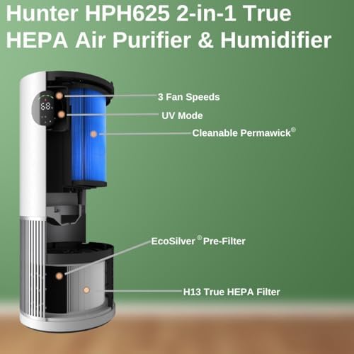 Hunter Fan Company 2 in 1 Air Purifier and Humidifier BlackSilver 1