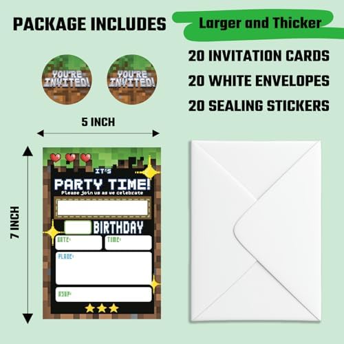 Birthday Invitations Pixel Theme 20 Sets