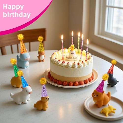Mini Party Hats with Glitter and Pom Poms for Animal Figures Toys