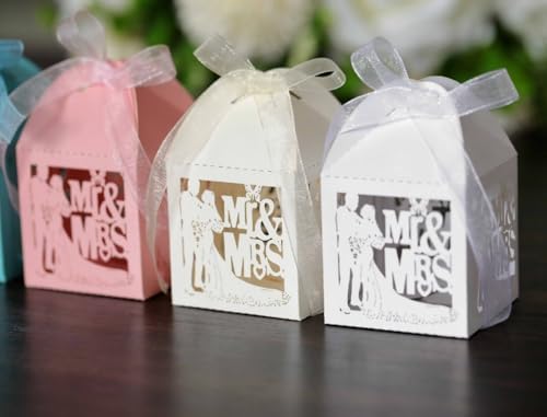 50 Pack Laser Cut Mr Mrs Square Favor Boxes for Wedding
