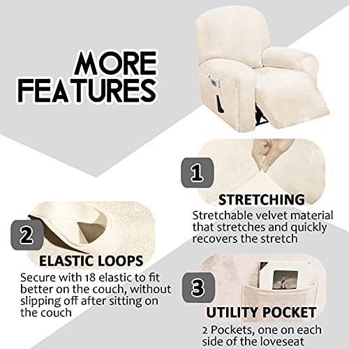 ULTICOR 4-Piece Velvet Recliner Cover Set Ivory