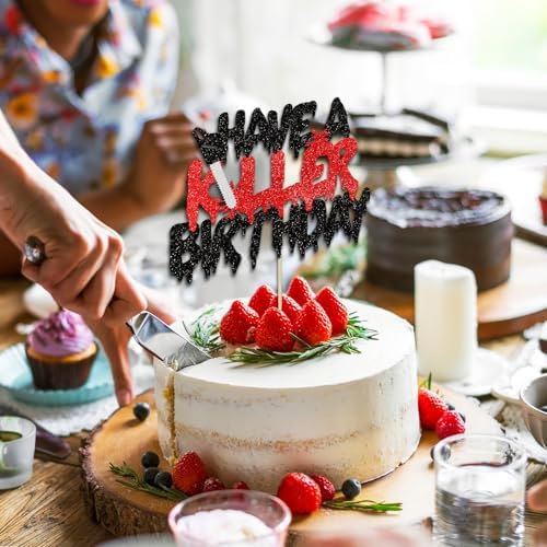 Killer Birthday Cake Topper with Glitter Blood Knife Picks