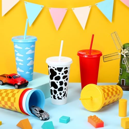 Havawish 24 Pcs Cartoon Story Party Cups with Lid and Straw