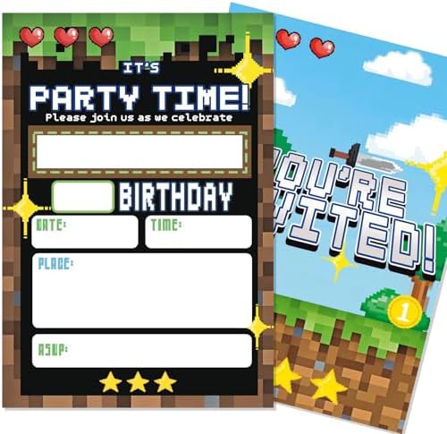Birthday Invitations Pixel Theme 20 Sets