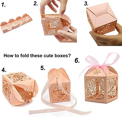 50 Pack Beige Laser Cut Candy Boxes with Ribbons