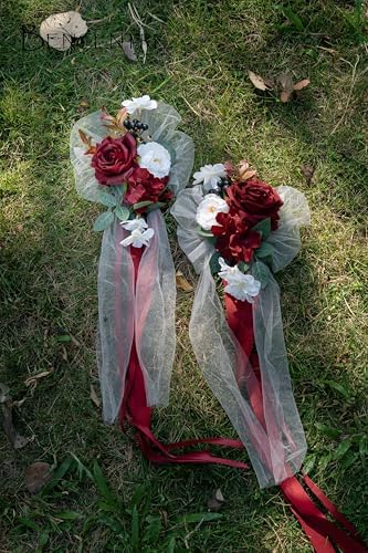 Burgundy Wedding Chair Back Flowers Set of 8