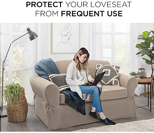 Zenna Home Pixel Ultra Soft Stretch Loveseat Slipcover Sand 1