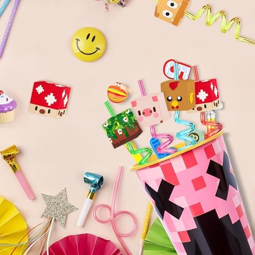 Lidmada Pixel Cups with Silly Straws 16 Oz Reusable Bulk