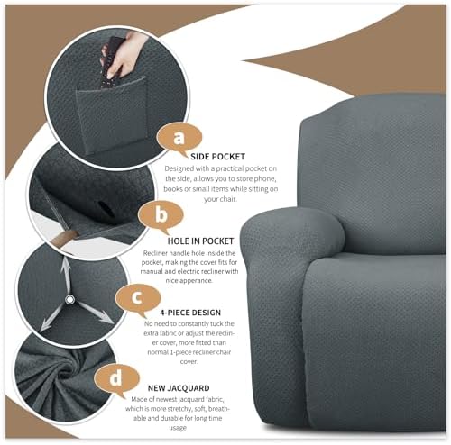 JIVINER 4-Piece Recliner Chair Covers Stretch Jacquard Slipcovers for Living Room