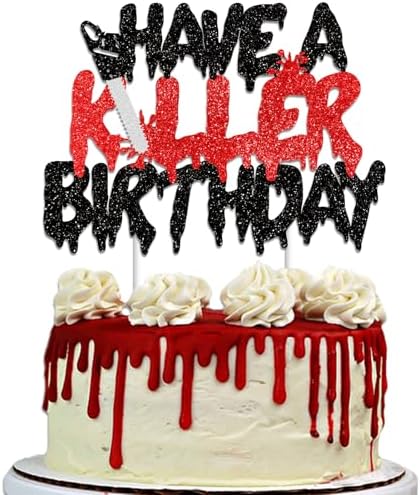Killer Birthday Cake Topper with Glitter Blood Knife Picks